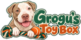Grogu’s Toy Box logo featuring Grogu, a tan and white pitbull